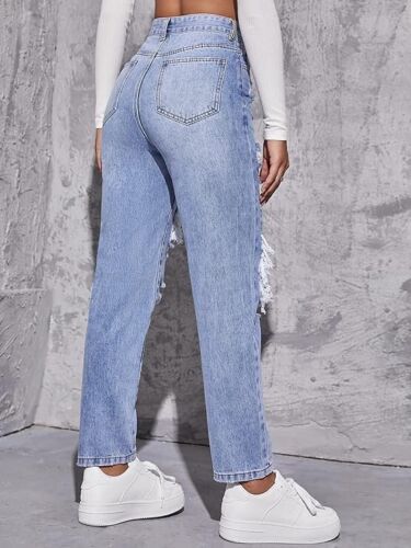 Pantaloni denim Floerns donna vita alta gamba dritta strappata effetto invecchiato - Foto 2 di 5