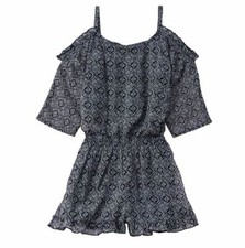 $97 Ella Moss Girls Blue Printed Ruffle Slit Cold-Shoulder Romper Size 12