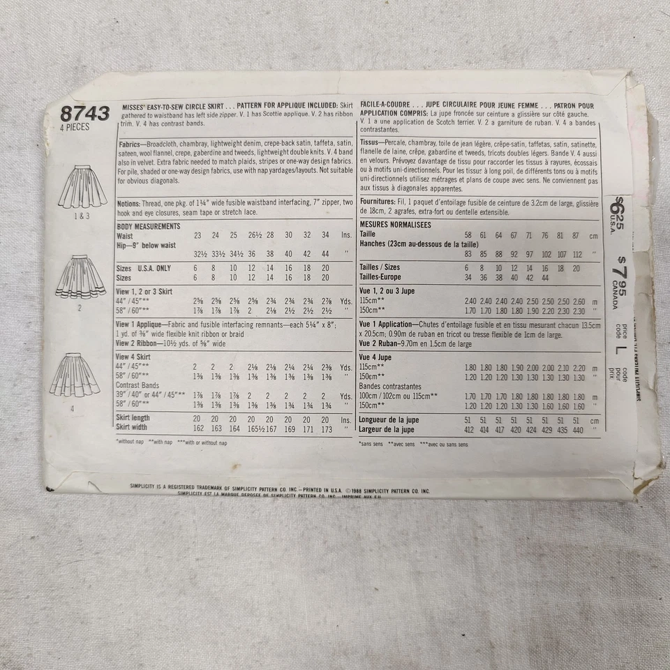 1988 Simplicity Sewing Pattern 8743 Circle Skirt Adult Womens Size 10-16 Uncut - Image 4 of 4
