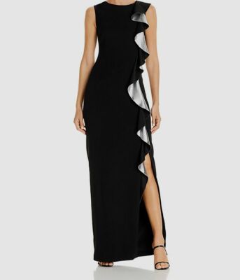 $1670 Paule KA Women's Black Sleeveless Round Neck Ruffled Satin Gown US Size 4