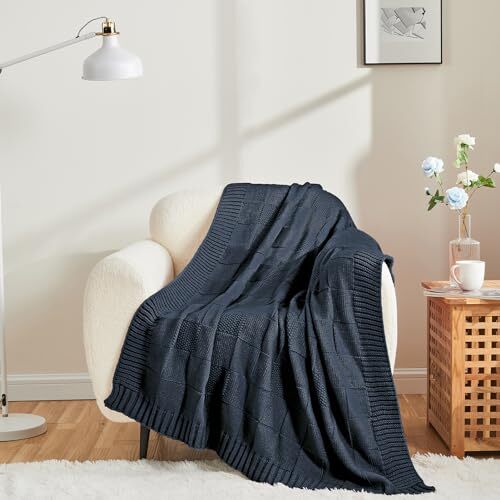 Knit Throw Blanket,Navy Blue Checkered Throw Blanket for 60"X80
