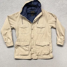 Vtg Eddie Bauer Jacket Mens XL Khaki Tan Hooded Utility Hiking Camping Gorp