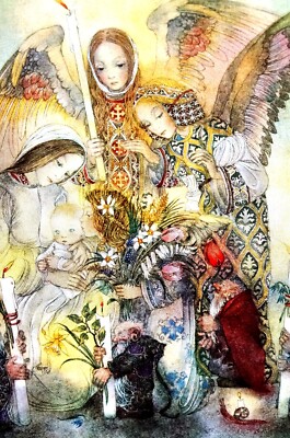 Sulamith Wulfing ANGELS MOTHER BABY DWARF RABBIT 1946 DAS FEST Matted Print