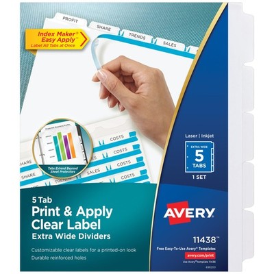 Avery 5-Tab Extra Wide Binder Dividers, Easy Print & Apply Clear Label Strip, In