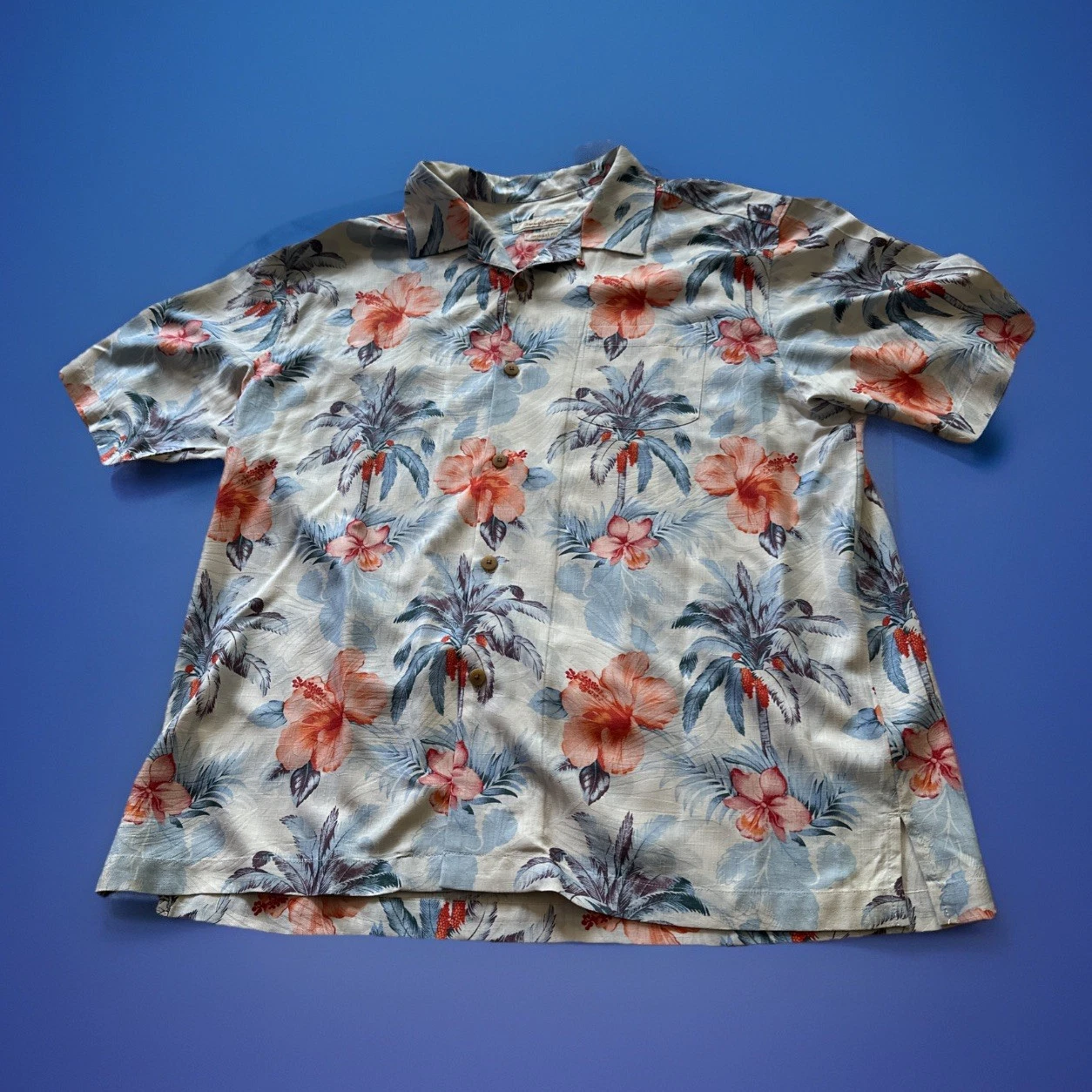 Tommy Bahama Hawaiian Shirt XL White Floral 100% Silk