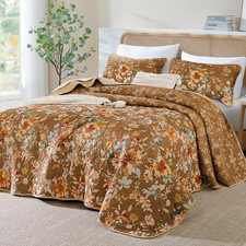 Brown Fall Quilt Set King Size, Floral Bedspreads Coverlet Set, 3 Pieces Soft Li