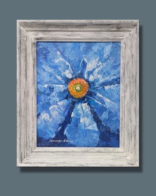 Framed original blue flower acrylic painting on Canvas. 21 in x 26 in