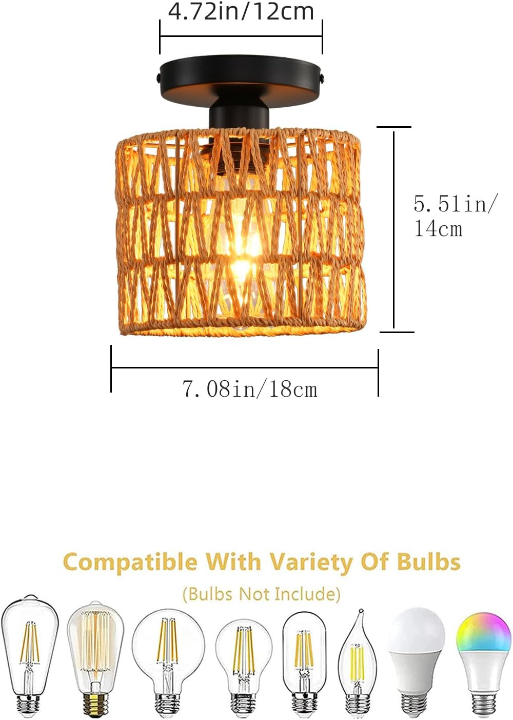 Ceiling Light Fixture,Hand-Woven Rattan Flush Mount Ceiling Light,Farmhouse L...
