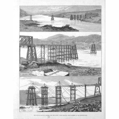 Pakistanischer Bau der Attock Eisenbahnbrücke über den Indus Antikdruck 1883