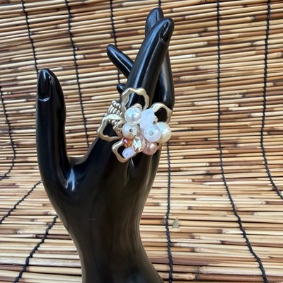 Gold Tone Floral Stretch Ring with Faux Pearl and Crystal Cluster Statement