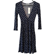 Urban Outfitters Navy White Floral Print V Neck Long Sleeve Midi Dress XS