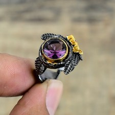 Purple Amethyst Black And Gold Plated 925 Sterling Silver Ring S.8 R87310