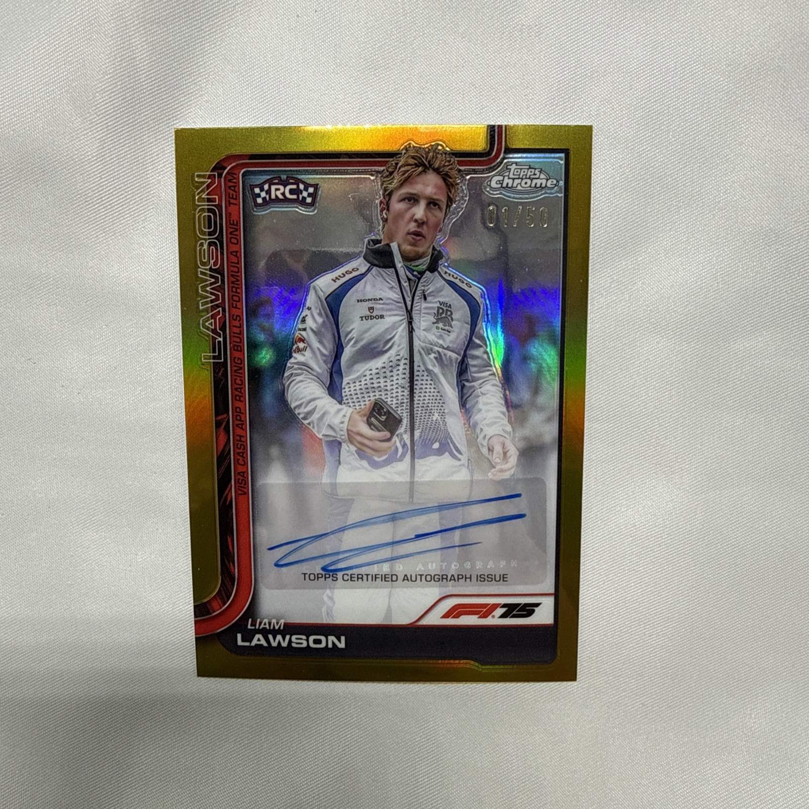 2025 Topps Chrome F1 Liam Lawson RC Rookie Auto Gold Refractor 01/50 CAC-LAW