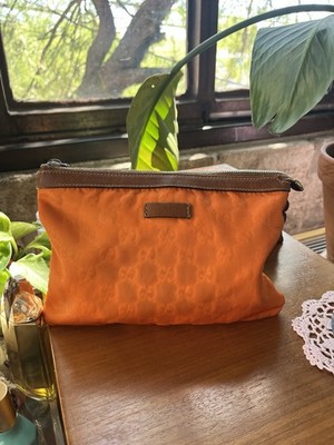 Gucci GG Pattern Zip Clutch Pouch/Travel Bag Orange/Brown Lined Silver Hardware