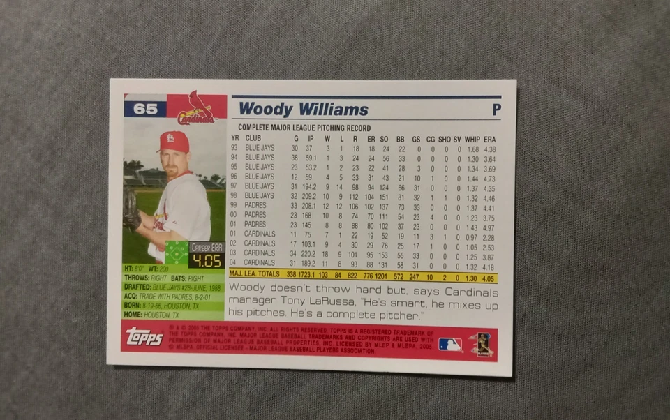 WOODY WILLIAMS 2005 Topps # 65 autographed signed baseball card CARDINALS 05 - Image 2 of 2