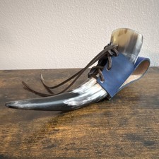 Medieval Viking Drinking Horn with Blue Genuine Leather Holder, Horn  Leather