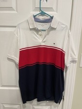 Tommy Hilfiger Regular Fit Colorblock Polo in white, red, and navy blue