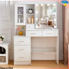Vanity Desk with Mirror Makeup Vanity with Lights & Drawers & Shelves & Cabinets