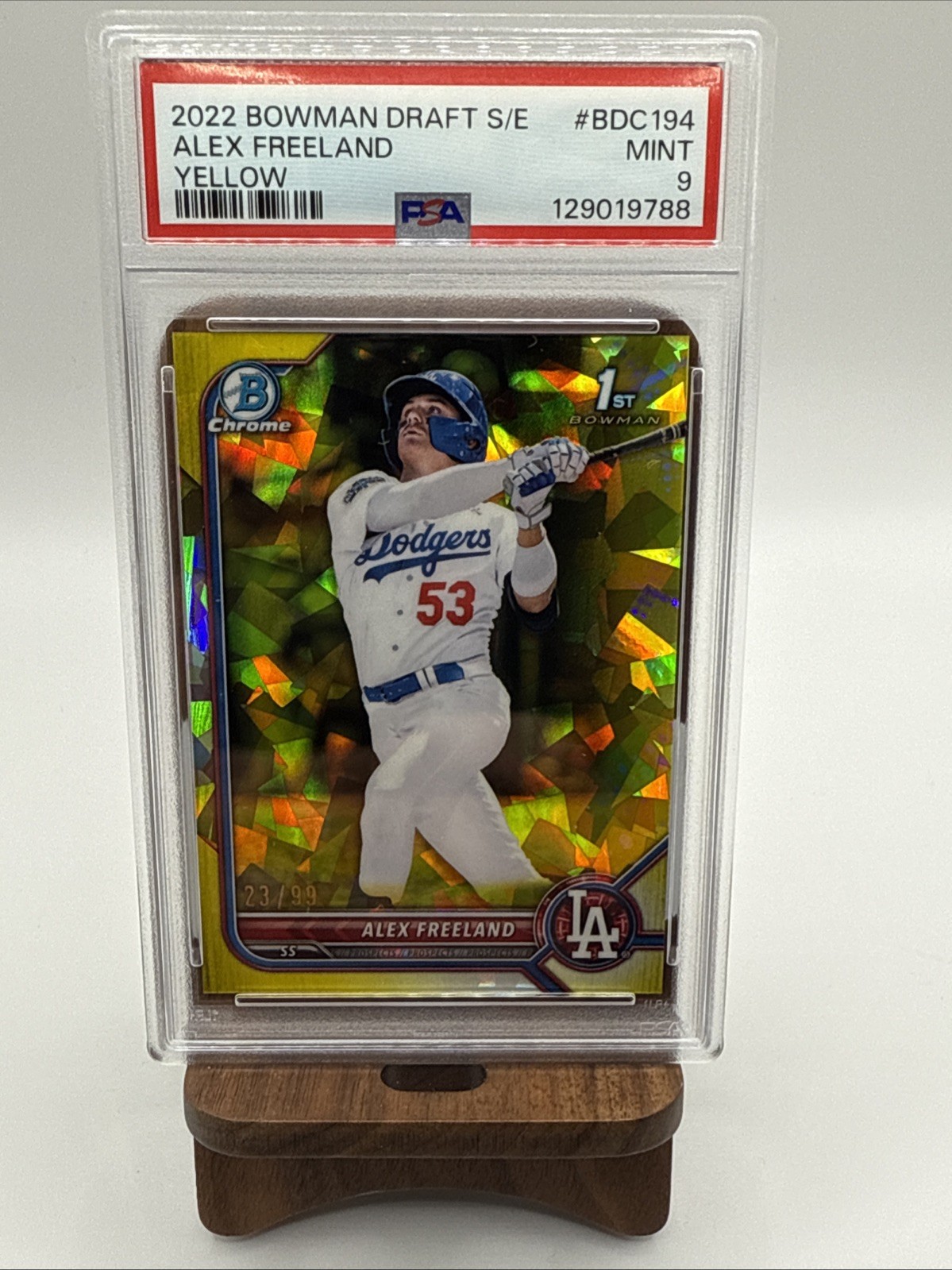 2022 Bowman Chrom Draft Sapphire Alex Freeland PSA 9 BDC-194 Yellow /99 Dodgers