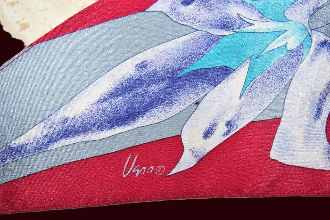 Vera Neumann obong scarf; floral; blue, raspberry, aqua, white; 72 x10; silk?