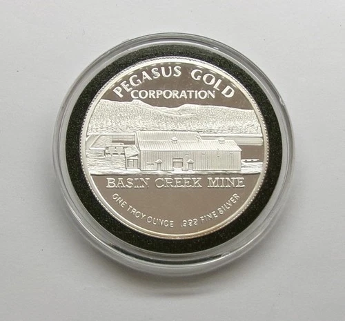 1990 Pegasus Gold Corp Basin Creek  Mine Montana 1 Oz .999 Silver Proof Round