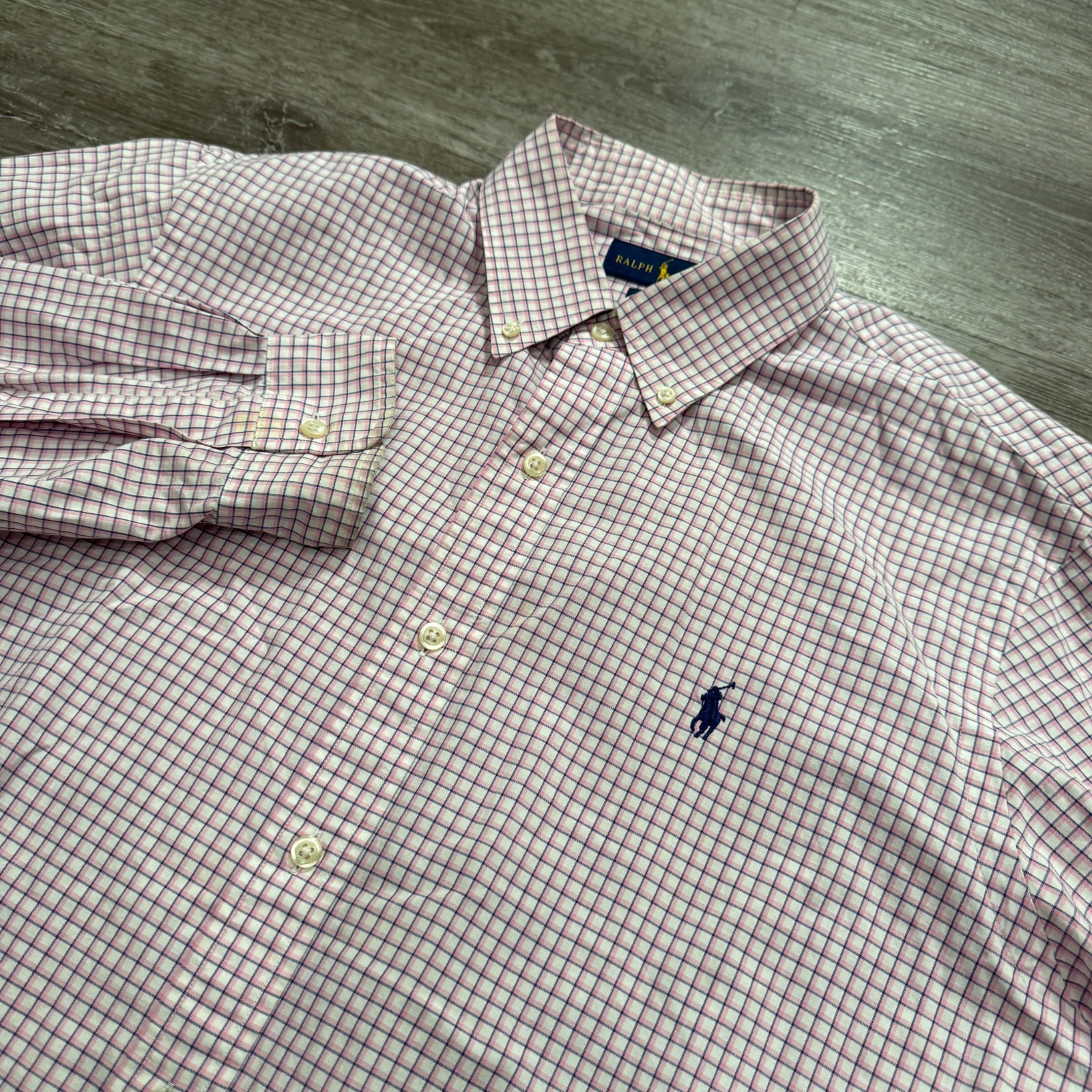 Ralph Lauren Shirt Mens Large Pink Plaid Cotton Long Sleeve Blue Pony Button up
