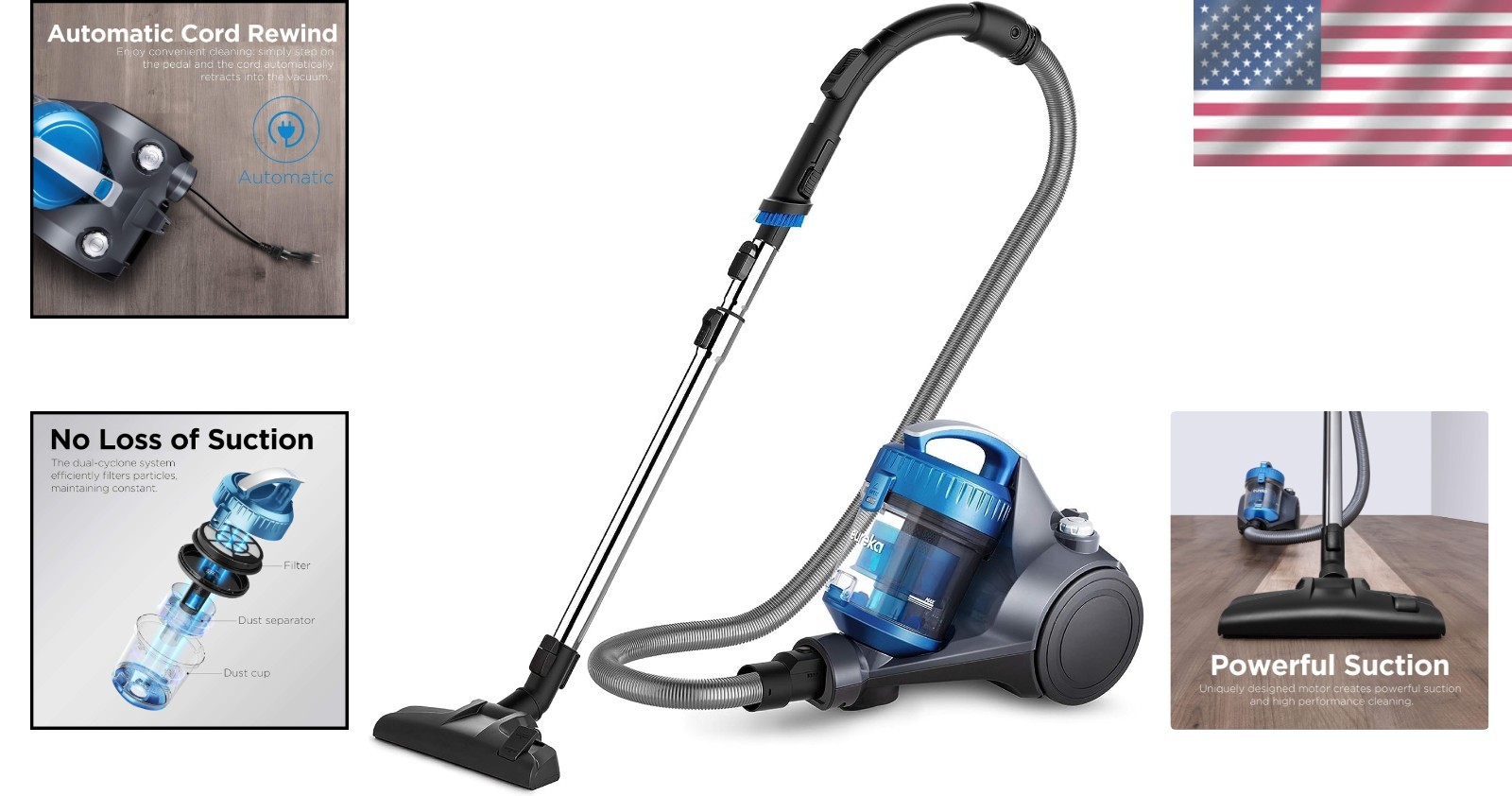WhirlWind Bagless Canister Vacuum Cleaner, Lightweight, Blue