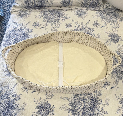 Woven Baby Moses Basket with Mattress, Handles & Strap, Beige/White