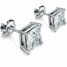 Sterling Silver Princess Cut Stud Earrings Cubic Zirconia 8mm Silver Round CZ