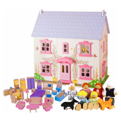 Rose Cottage Wooden Dolls House with Furniture & Dolls Family | eBay  Australia