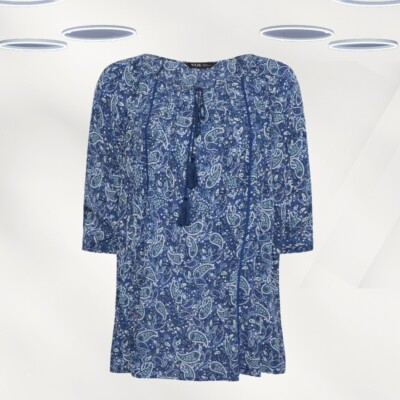 Ex Women's Plus Size Paisley Print Tie Neck Your Blouse in Navy Blue (Defect)
