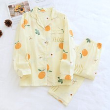 Korea Print Pajama Set Women Gauze Cotton Long Sleeve Casual Sleepwear