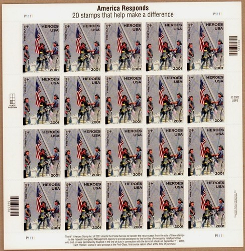 20 Stamps AMERICA RESPONDS 9/11 9-11 HEROES 2001 Firefighters World Trade Center