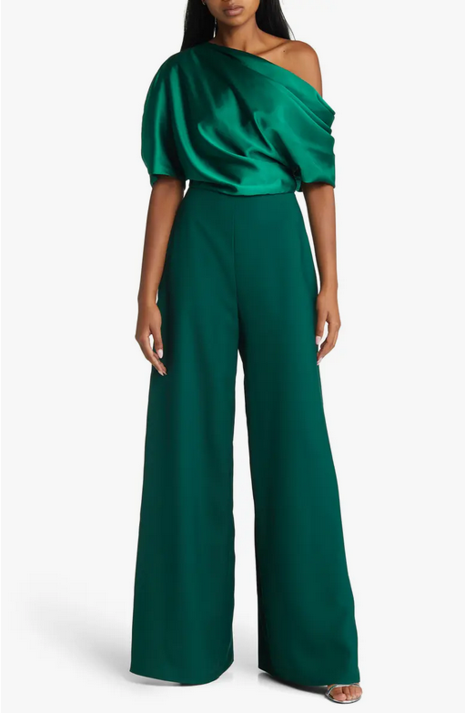 Amsale *881 One-Shoulder Wide Leg Jumpsuit Sz 4 $595 emerald | eBay