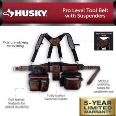 Husky Pro Level Work Tool Belt With Suspenders Fully Leather