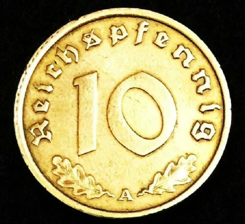 Moneda y sello de latón de 10 rp raro alemán de la Segunda Guerra Mundial en un marco de exhibición seguro de metal plateado Foto 4 de 4