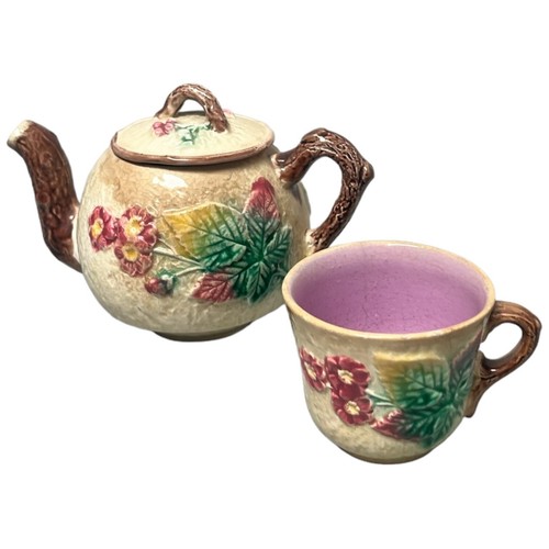 Antigua mini tetera y taza de té victoriana mayólica rosa silvestre siglo XIX sin marca - Imagen 14 de 14