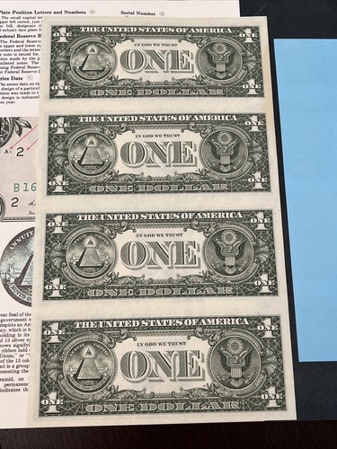 1985 Uncut Sheet of 4 $1 Bureau of Engraving and Printing - Picture 3 of 6