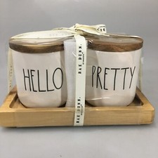 Rae Dunn Hello Pretty Small Canister Set Wood Lids Tray NEW