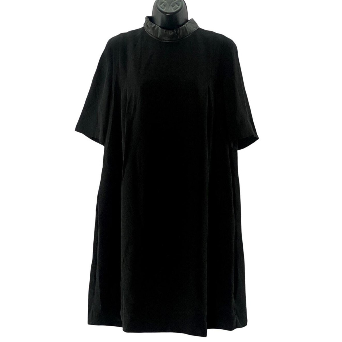 COS Women's Black Leather Collar Short Sleeve Straight Knee Length Dress SZ 8