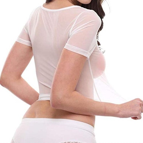 2021 Women's Sheer Lace Lingerie Mesh Short Sleeve Crop Tops Sexy T Shirt See... - Picture 4 of 5