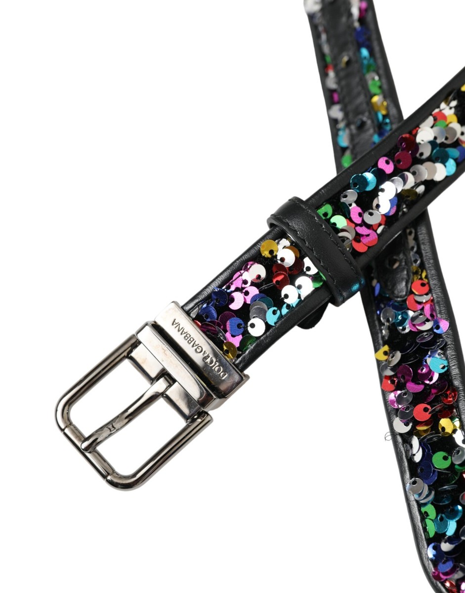 DOLCE & GABBANA Belt Black Sequined Silver Metal Buckle DOLCE & GABBANA Belt Black Sequined Silver Metal Buckle