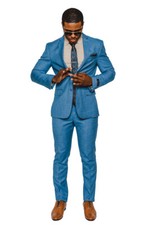 Slim Fit 2 Button Mens Suit Blue Windowpane Plaid Notch Lapel 16308 AZARMAN