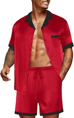 Men's Satin Silk Pajama Set 2 Piece Button Down Sleepwear with Pockets Shorts