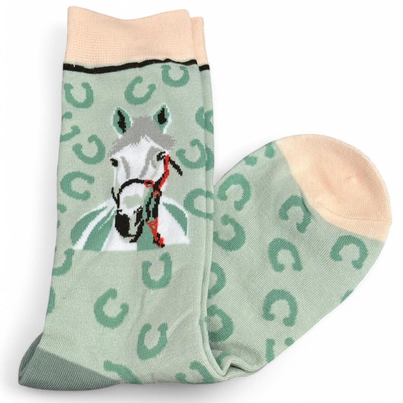 PONY Calze con stampa cavalli verdi e beige con ferri di cavallo e cavalli. Taglia unica nuova.