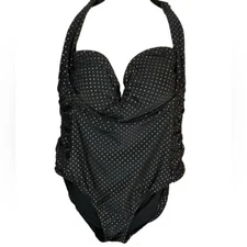 Pure Energy Black One Piece Swimsuit w/Gold Polka Dots & Rouching at Sides (20W)