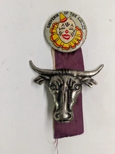 1950's SOUVENIR OF THE CIRCUS Clown 1.25" Celluloid Pinback Button w / Ribbons