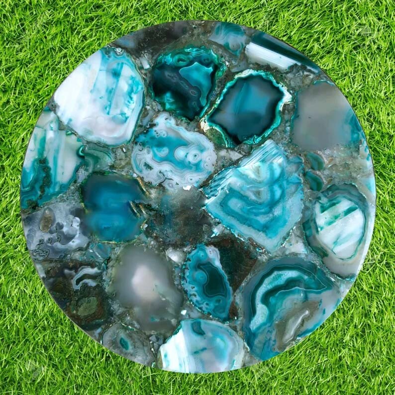 Blue Agate Round Coffee Table 14x14 Handmade Side End Table Occasional Gift
