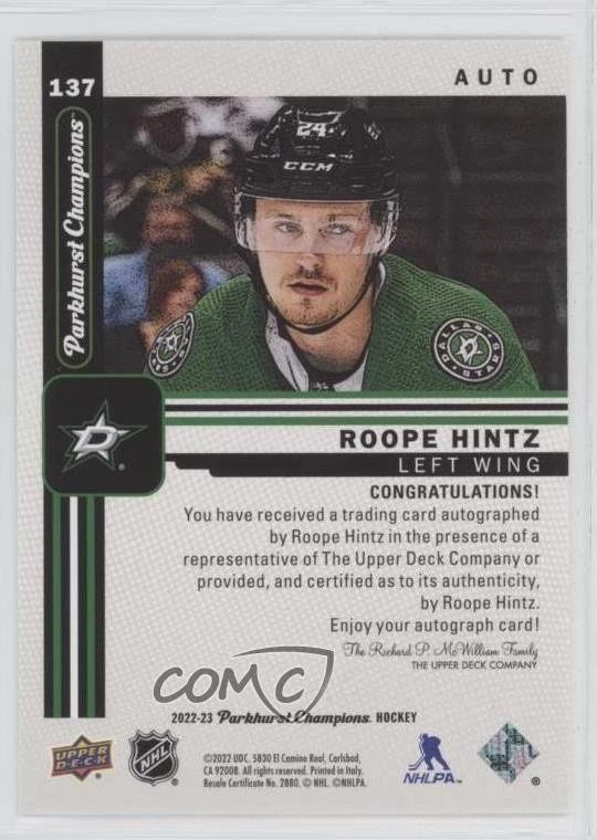 2022-23 Upper Deck Parkhurst Champions Auto Roope Hintz #137 Auto - Image 2 of 2