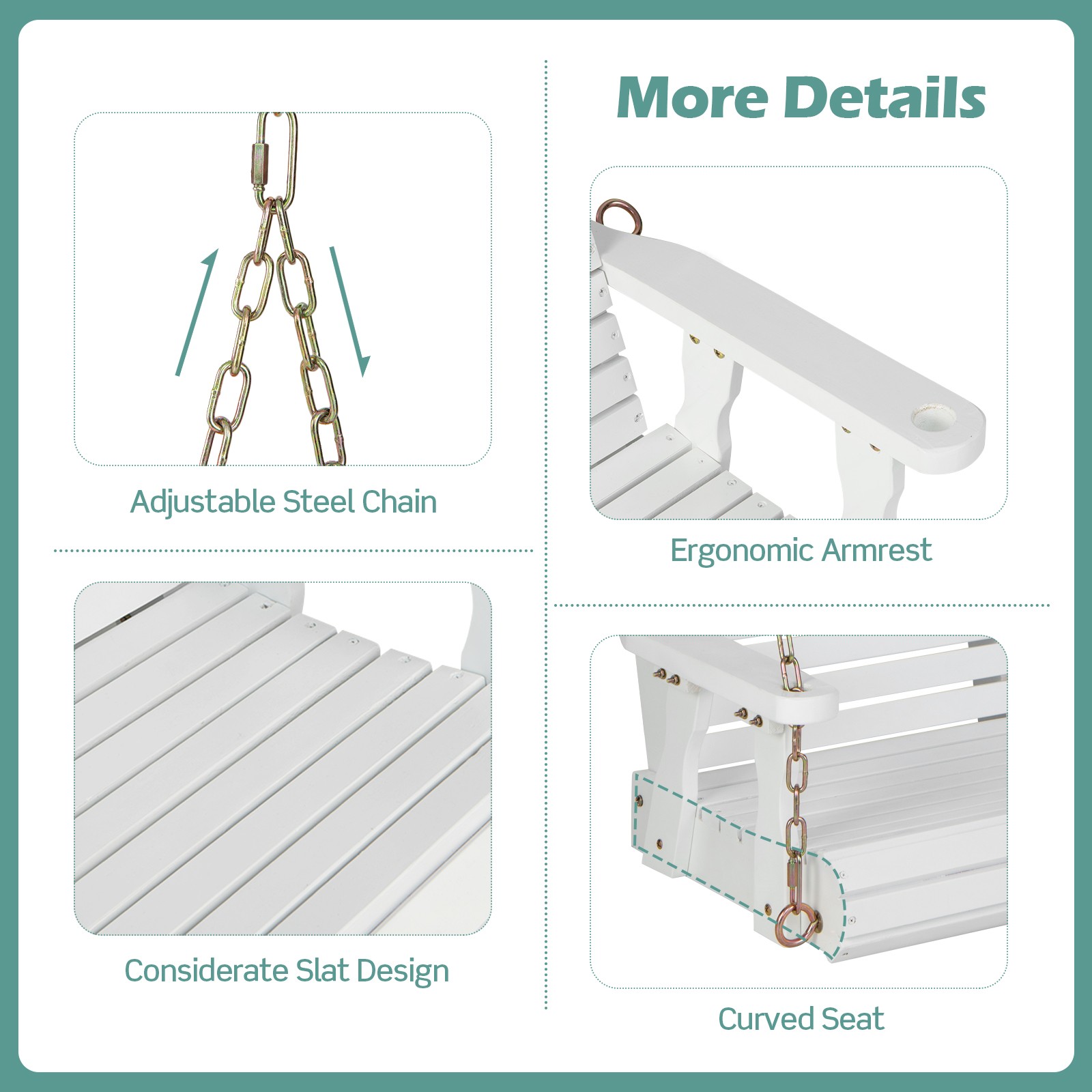 Porch Swing Wood Outdoor Patio Hanging Bench Chair for Garden Backyard White